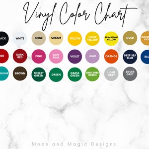 May include: Vinyl color chart with 24 color swatches. Colors include black, white, beige, cream, yellow, light yellow, brimstone yellow, gold, imitation gold, red, dark red, pink, soft pink, violet, lilac, orange, deep sea blue, blue, turquoise, brown, forest green, green, grass green, lime-tree green, light grey, and silver grey.