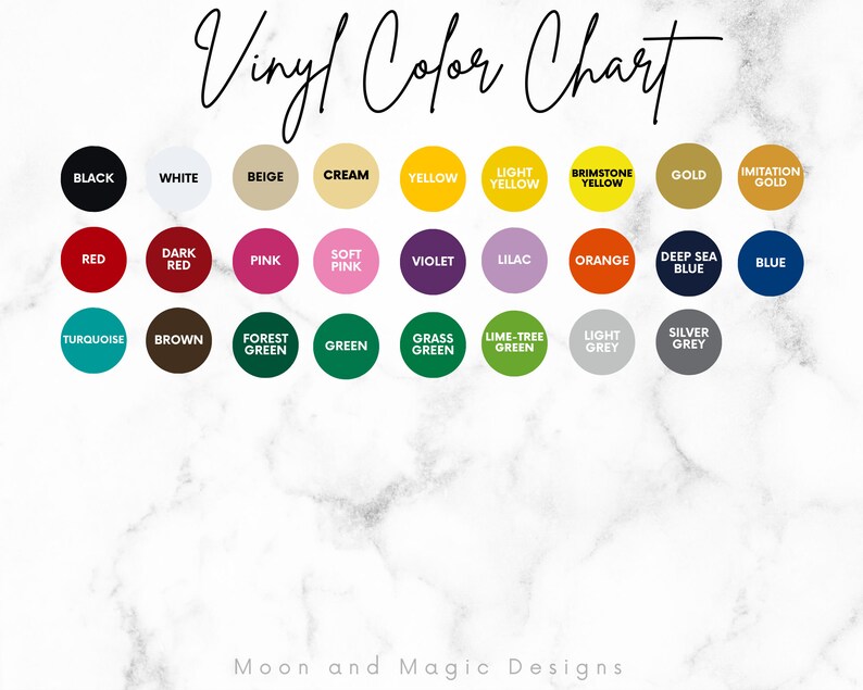 May include: Vinyl color chart with 24 color swatches. Colors include black, white, beige, cream, yellow, light yellow, brimstone yellow, gold, imitation gold, red, dark red, pink, soft pink, violet, lilac, orange, deep sea blue, blue, turquoise, brown, forest green, green, grass green, lime-tree green, light grey, and silver grey.