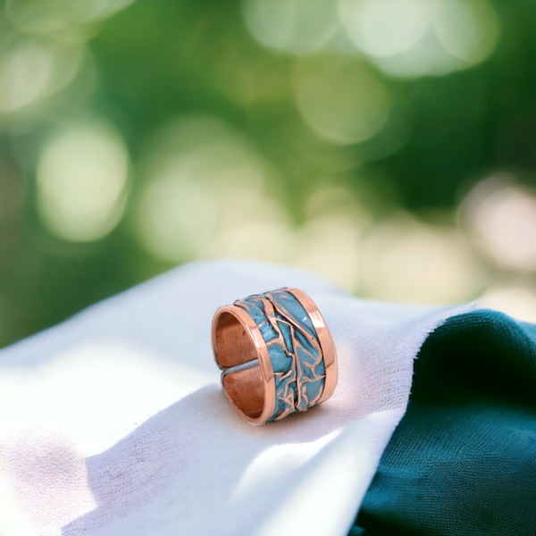 Turquoise Copper Wrinkled Adjustable Handmade Jewelry Unisex Ring Christmast Birthday Anniversary Gift