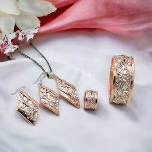 Silver Plate Copper Wrinkled Necklace Earring Adjustable Ring Bracelet Set  Handmade Birthday Anniversary, Gift for her,  Gift for Women