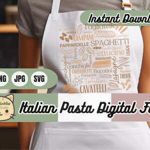 Puede incluir: Un delantal blanco con un diseño marrón de diferentes tipos de pasta, incluyendo espaguetis, fettuccine y cavatelli. El texto "Descarga instantánea" y "Archivo digital de pasta italiana" también está incluido en el delantal.