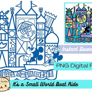 Puede incluir: Archivo digital azul con una ilustración estilizada del paseo en barco "It's a Small World" con Mickey y Minnie Mouse. Incluye el texto "It's a small world" y "PNG Digital Files".