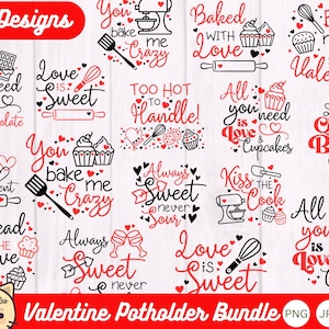 Paquete de repostería para San Valentín: Agarraderas y frases de cocina, descarga digital PNG