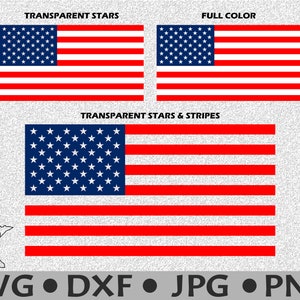 May include: Three variations of the American flag design. The first image shows the stars in blue with a transparent background. The second image shows the flag in full color. The third image shows the stars in blue with a transparent background and the stripes in red with a transparent background.