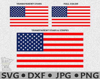 May include: Three variations of the American flag design. The first image shows the stars in blue with a transparent background. The second image shows the flag in full color. The third image shows the stars in blue with a transparent background and the stripes in red with a transparent background.