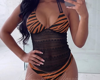 Tankini met tijgerprint - Camisole badpak uit één stuk met mesh middenstuk - Y2K Baddie haltertop festival rave kleding