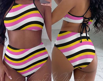 Bikini retro a rayas – Traje de baño de dos piezas de talle alto, top halter con cordones (estilo Y2K)