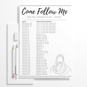 Könnte beinhalten: Ein weißer 2026 täglicher Leseführer für Januar mit dem Text "Come Follow Me". Der Führer enthält Daten und Schriftlesungen. Ein Bleistift und ein Radiergummi befinden sich auf der linken Seite.