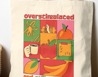 Overgestimuleerde draagtas van de leraar | Retro canvas tas met fruit in dopamine-stijl