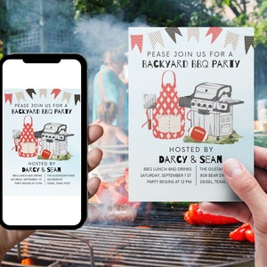 May include: A digital and printed invitation for a backyard BBQ party hosted by Darcy & Sean. The invitation features a red and white checkered apron, a grill, and a football. The text on the invitation reads "Please join us for a backyard BBQ party" and includes the date, time, and location of the party.