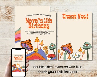 Bewerkbare uitnodiging voor feest Groovy Mushroom + bedankbriefjes (digitale download)