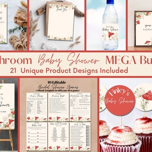 EDITABLE MEGA Bundle Mushroom Baby Shower Mega Bundle Baby Shower Games Baby Shower Invitation Mushroom Party