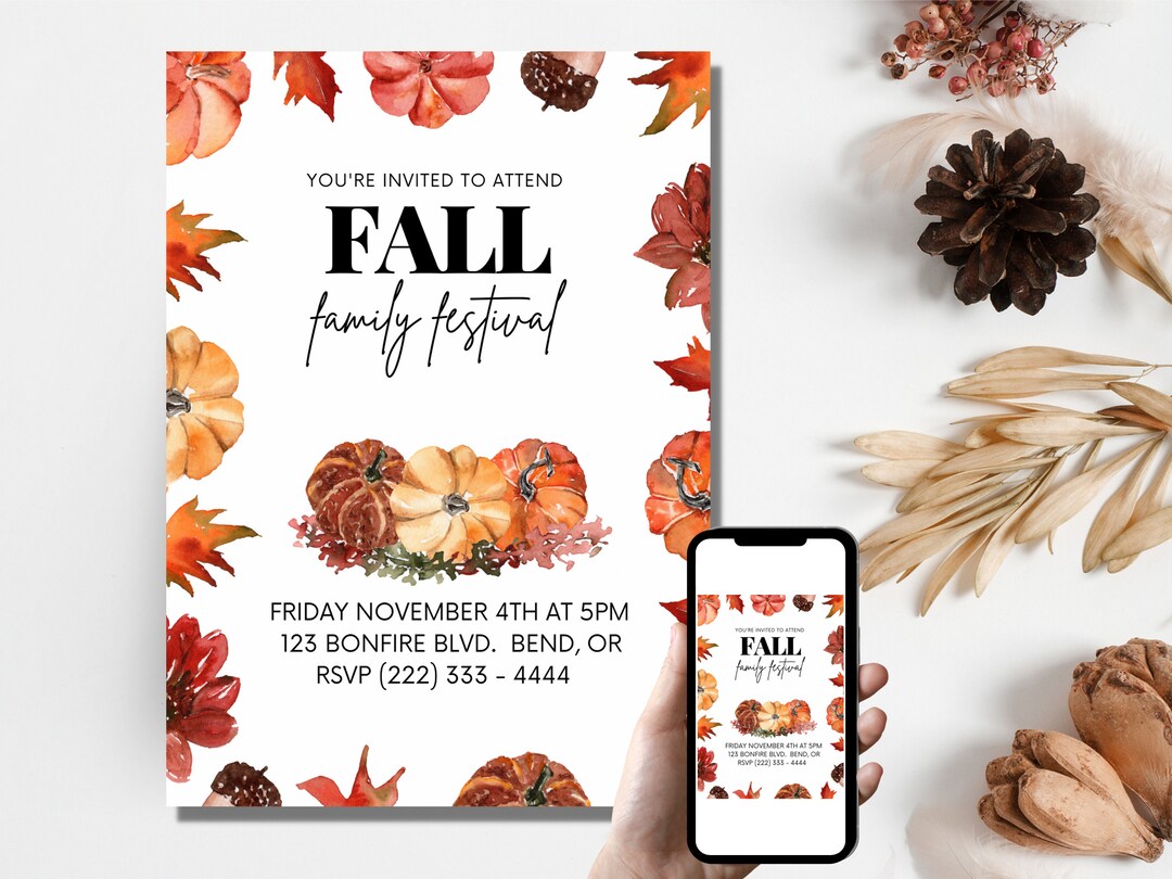 Editable Fall Family Festival Invitation, Autumn Pumpkin Design ...