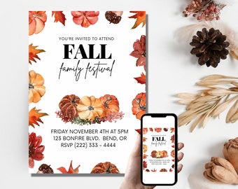 May include: A white invitation with watercolor pumpkins, leaves, and the text "FALL family festival." The invitation includes event details: date, time, location, and RSVP information. A smartphone displays a matching invitation.
