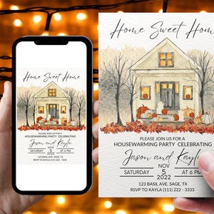May include: A housewarming party invitation with a watercolor illustration of a house with pumpkins and fall leaves. The text reads "Home Sweet Home" and includes the details of the party, including the date, time, and location. RSVP to Kayla (111) 222-3333.