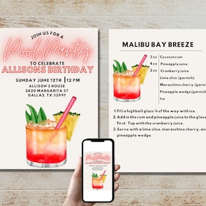Modèle d&#39;Invitation Cocktail d&#39;été MODIFIABLE Malibu Bay Breeze Summer Party Dîner Party Pool Party Piscine Cocktail Invitation