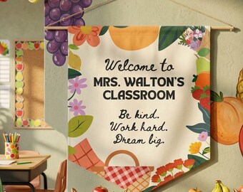 Naambord picknick leraar, bloemen fruit aangepaste leraar banner