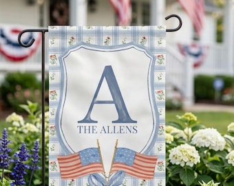 Gepersonaliseerde patriottische monogram tuinvlag | Aangepaste familienaam huisbanner