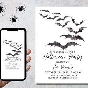 EDITABLE Simple Halloween Party Invitation Classy Halloween Invitation Bat Invitation Halloween Bat Black and White Halloween Invite