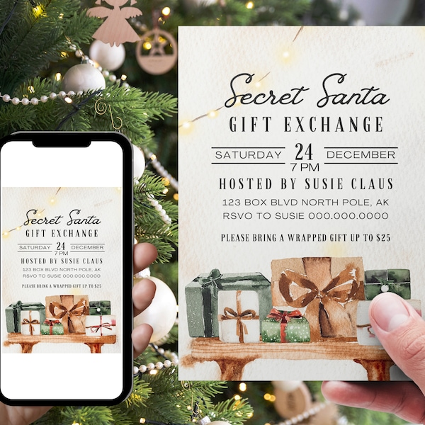 EDITABLE Secret Santa Invitation White Elephant Gift Exchange Invite Yankee Swap Invite Wrapped Gifts Christmas Present Invite Holiday Gifts