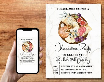 Bewerkbare uitnodiging charcuteriefeest, wijn en kaas (digitale download)