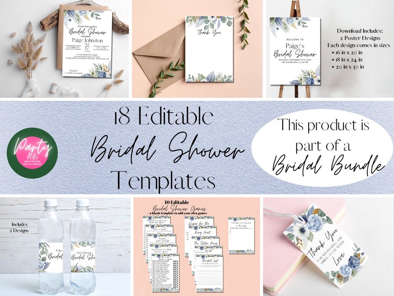 EDITABLE Bridal Shower Invitation and Thank You Card Bundle, Dusty Blue