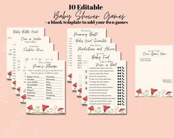 Mushroom Baby Shower Game Bundle, 10 Editable Designs (Digital Download)