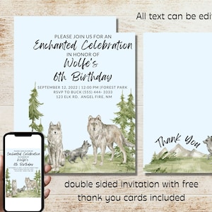 EDITABLE Forest Wolf Party Invitation Template Forest Birthday Party Forest Party Wolf Birthday Enchanted Forest Wild One Party 1st birthday
