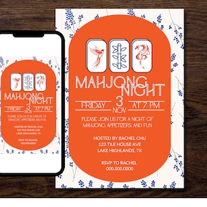 EDITABLE Blue and Orange Mahjong game Night Invitation
