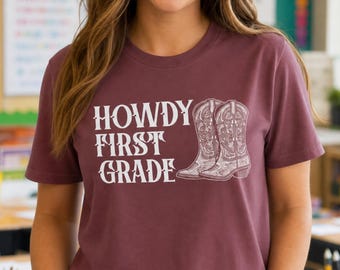 Hallo, juf van groep 1! T-shirt | Retro western T-shirt voor de eerste schooldag