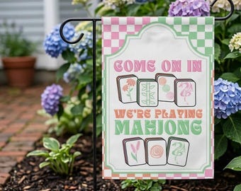 Mahjong-tuinvlag, speelse retro-banner, pasteltegels, cadeau gastvrouw