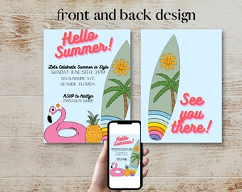 Invitación a fiesta en la piscina con flamencos, tabla de surf de verano editable (descarga digital)