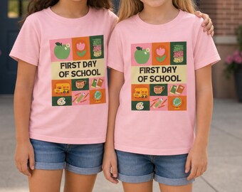 First Day of School Youth Tee | Apple, Books, Bus, Backpack Design