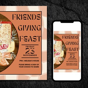 EDITABLE Funky Friendsgiving Invite Wine and cheese party Cheese board Charcuterie Meat and Cheese Board