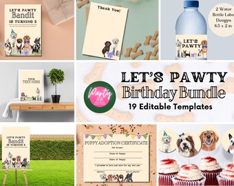 May include: A collection of party supplies with a dog theme. Includes invitations, thank you cards, water bottle labels, a sign, a puppy adoption certificate, and cupcake toppers. The text "Let's Pawty" and "Bandit is turning 2" is visible.