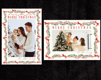 BEWERKBARE kerstkaart met foto rode strikken en slinger