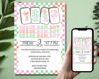 May include: A pink and green invitation with a checkered background. The invitation is for a Mahjong party with the text "Crack.Bam.Dot." repeated three times. The invitation includes the date, time, and location of the party.