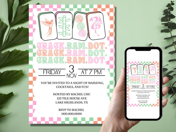 EDITABLE Colorful Pink and Green Mahjong Game Night Invitation