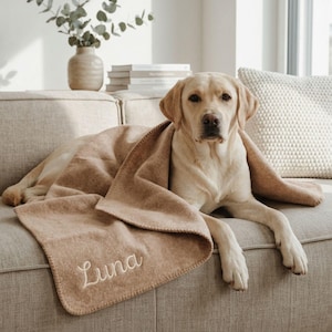 Op de afbeelding: Een lichtbruine Labrador Retriever ligt op een beige bank, bedekt met een bijpassende deken. De deken heeft de naam "Luna" geborduurd in witte letters. Een vaas met groen en een stapel boeken zijn op de achtergrond te zien.