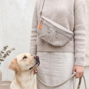 Pode incluir: Uma bolsa transversal cinza-claro com dois compartimentos com zíper, uma alça longa ajustável e puxadores de cordão laranja brilhante. A bolsa é personalizada com o nome CHARLIE impresso em branco na parte inferior frontal.