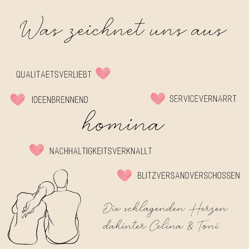 Pu&ograve; includere: Grafica beige con testo nero e cuori rosa. Il testo recita "Was zeichnet uns aus" ed elenca qualit&agrave;. Un disegno a tratto di una coppia &egrave; in basso. La parola "homina" &egrave; presente.
