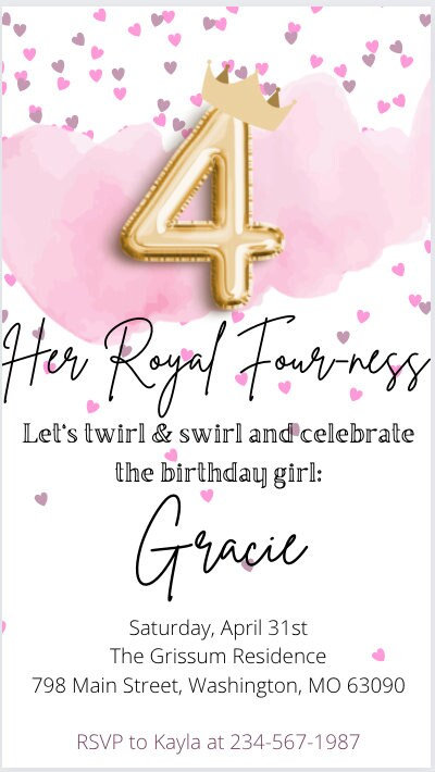 Custom Birthday Invite, Birthday Invitation, Fourth Princess