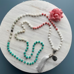 Nereides Namaste By The Sea 108 Bead Knotted Silk Mala Necklace 6mm Handmade Gemstone Meditation Jewlery for Wellness