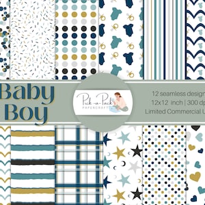 Baby Boy Digital Paper Pack | Seamless Patterned Printable Scrapbook Papers for Baby Shower