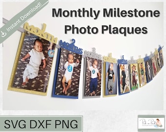 Placas fotográficas mensuales SVG / Banner de primer cumpleaños / Hitos del bebé / PNG / DXF
