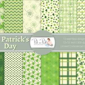 St. Patrick's Day Digital Paper Pack | Grüner Klee nahtlos gemusterte druckbare Scrapbook Papiere