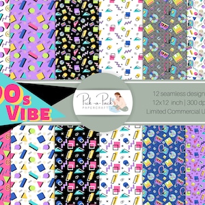 May include: A digital paper pack with 12 seamless patterns featuring 90s-inspired designs. The patterns include geometric shapes, cassette tapes, and headphones in a variety of bright colours like pink, blue, yellow, and green. The text "90's VIBE" is featured in a bold, colourful font.