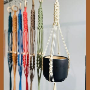 May include: A collection of macrame plant hangers in various colors, including teal, blue, red, brown, and green, are displayed. A black ceramic pot is suspended in a cream-colored macrame hanger. The hangers are designed to hold potted plants.