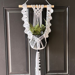 May include: White macrame plant hanger with a black pot and green plant hanging from a wooden dowel on a black door.