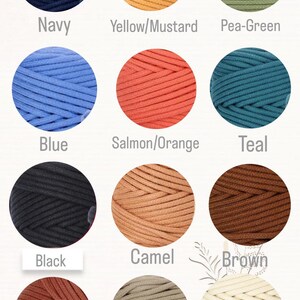 May include: A color palette of macrame cord in various shades, including navy, yellow/mustard, pea-green, blue, salmon/orange, teal, black, camel, brown, brick-red, coffee, and white. Each color is displayed in a circular arrangement with the color name below.